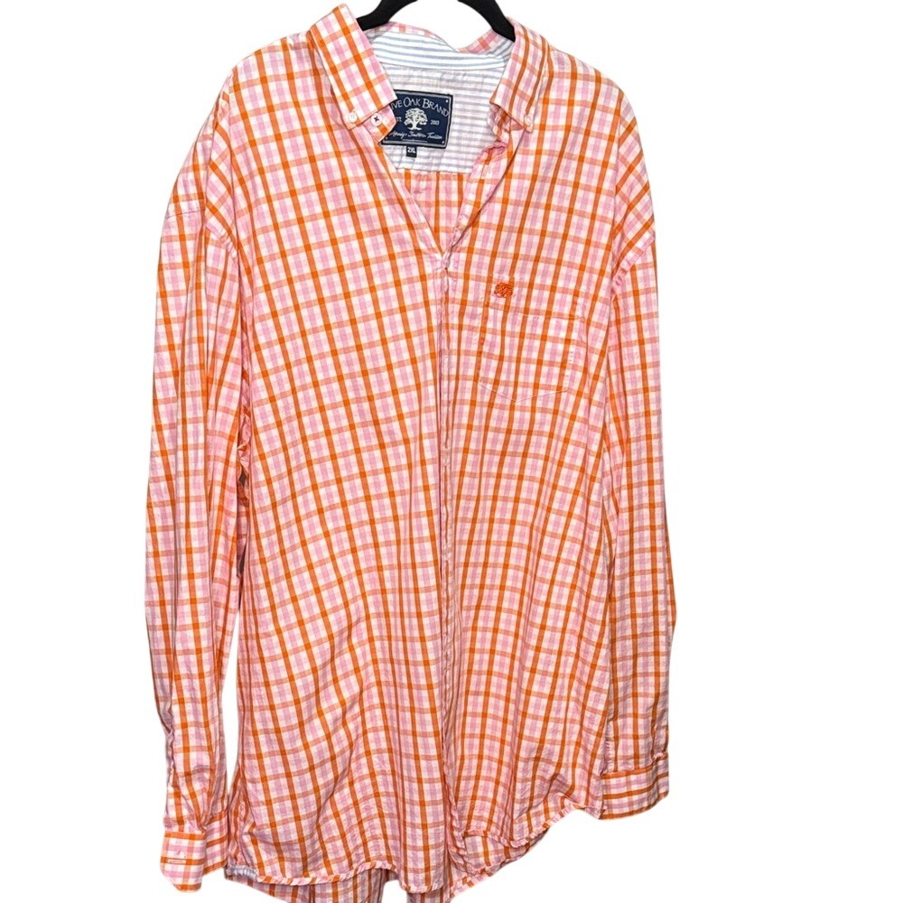 Live Oak Brand Mens 2XL Orange Pink Plaid Long Sleeve Button Up Shirt